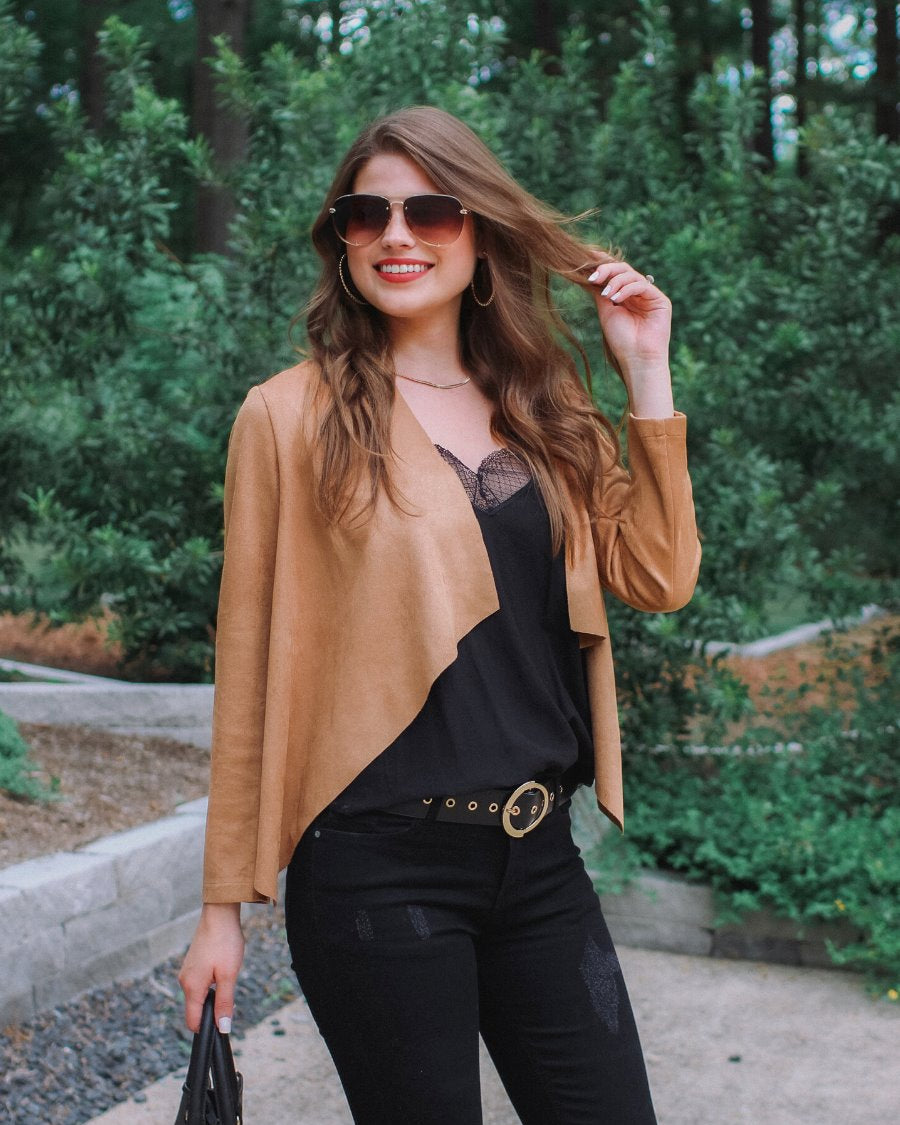 draped open-front silhouette jacket, crafted on a super soft faux suede material with long sleeves, an angled front cropped hem, and subtle seam details on the back in camel