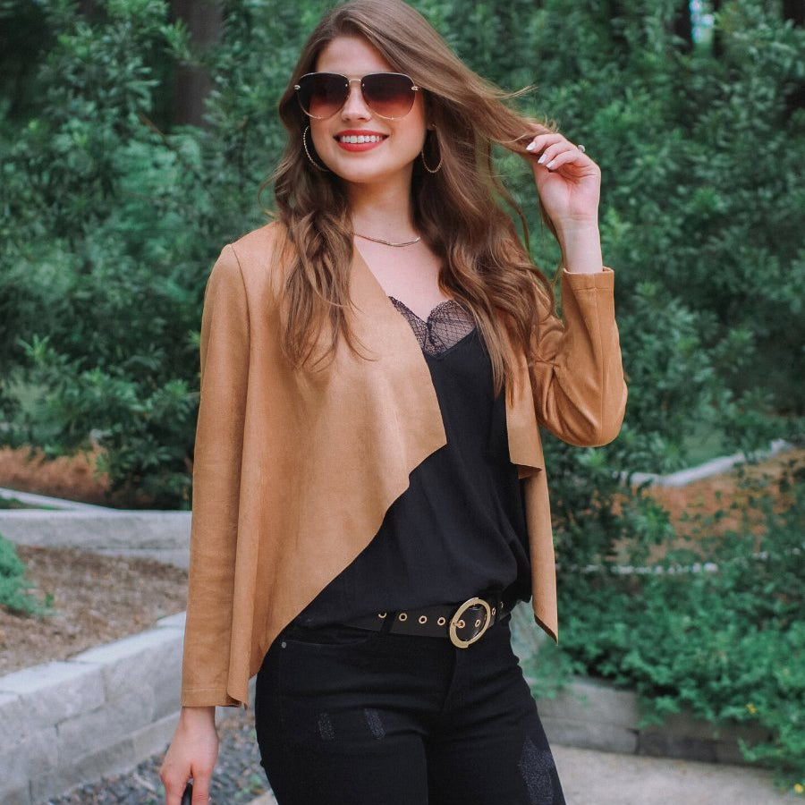 draped open-front silhouette jacket, crafted on a super soft faux suede material with long sleeves, an angled front cropped hem, and subtle seam details on the back in camel