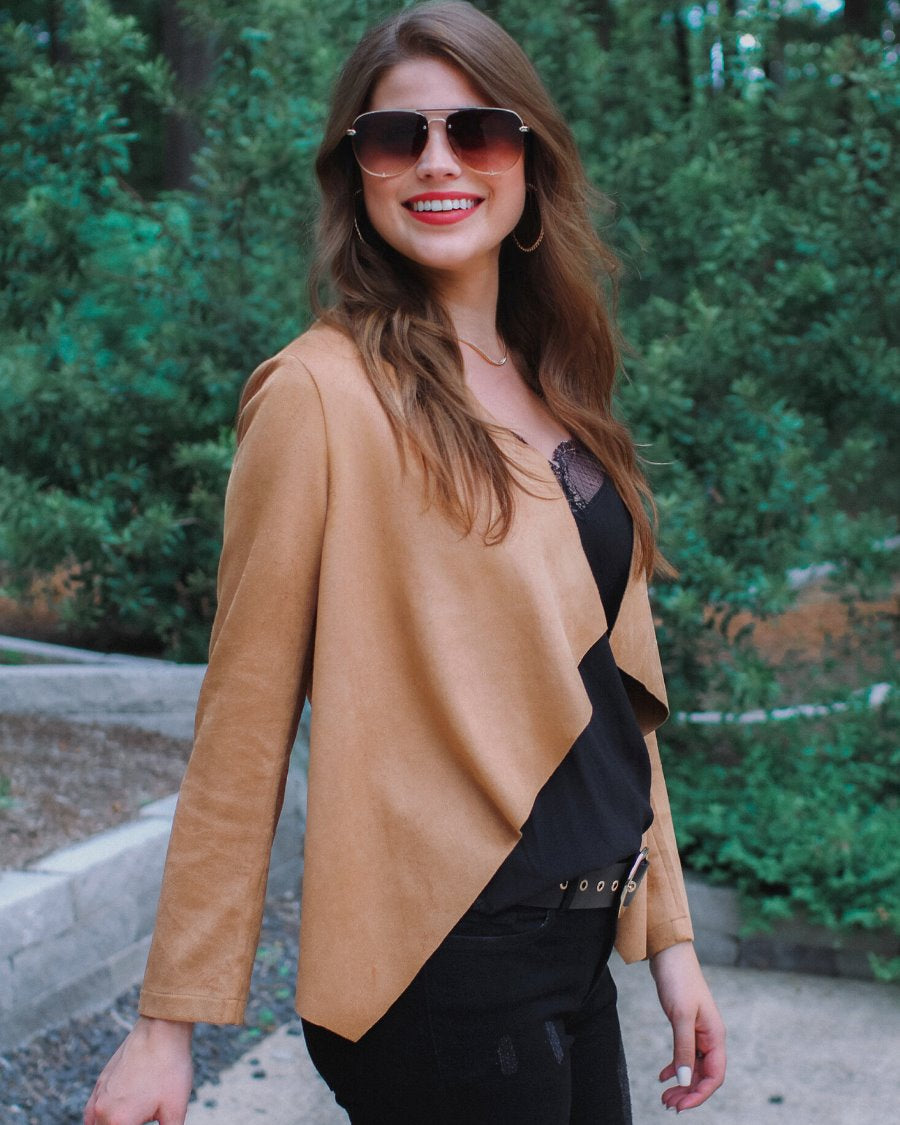 draped open-front silhouette jacket, crafted on a super soft faux suede material with long sleeves, an angled front cropped hem, and subtle seam details on the back in camel