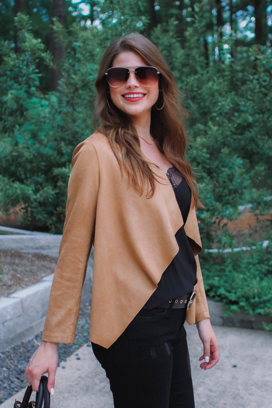 draped open-front silhouette jacket, crafted on a super soft faux suede material with long sleeves, an angled front cropped hem, and subtle seam details on the back in camel