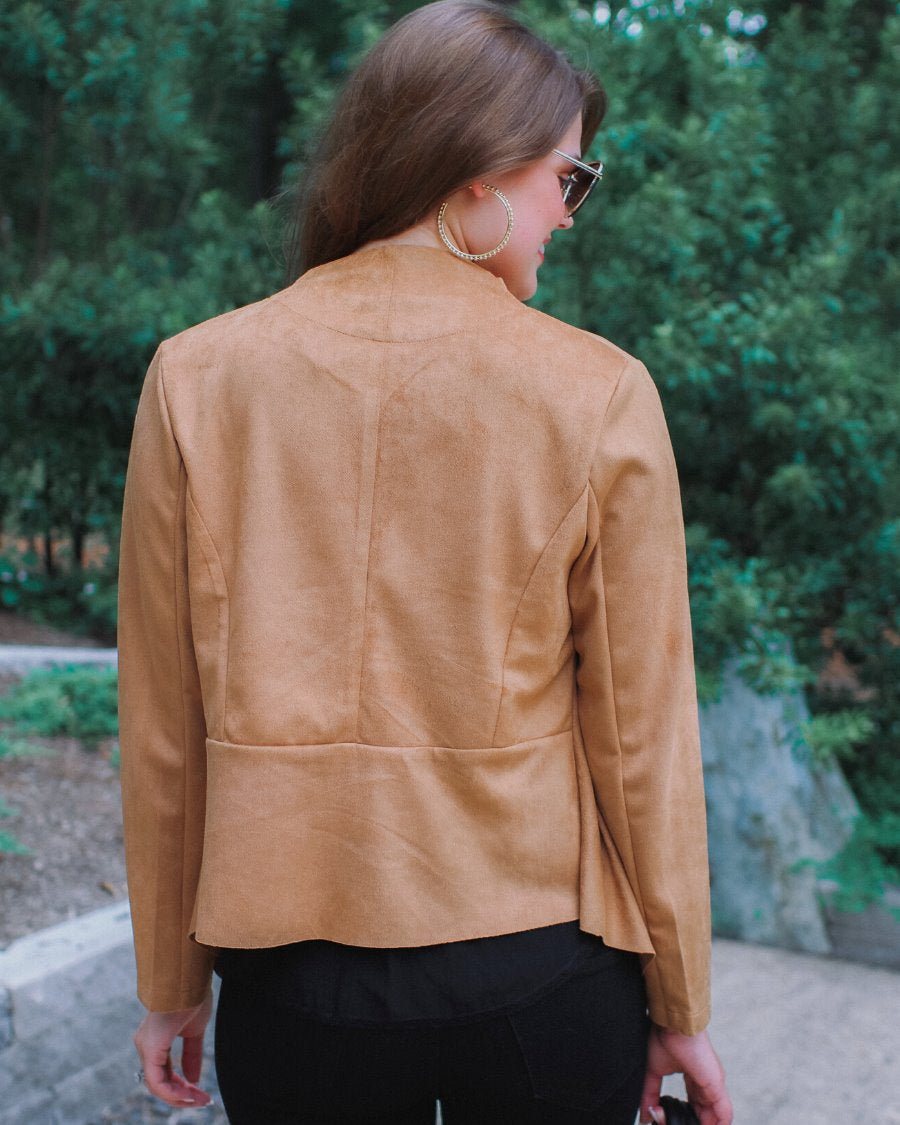 draped open-front silhouette jacket, crafted on a super soft faux suede material with long sleeves, an angled front cropped hem, and subtle seam details on the back in camel