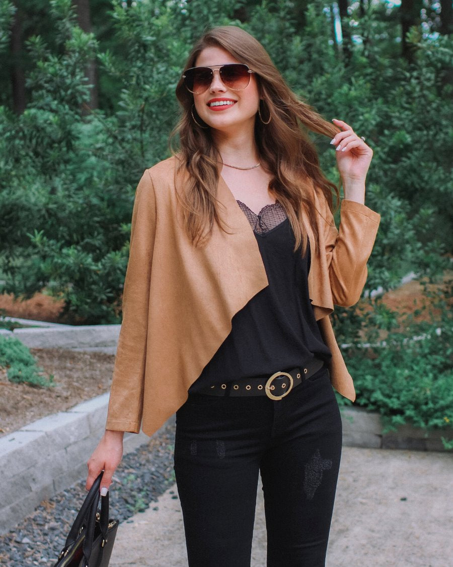 draped open-front silhouette jacket, crafted on a super soft faux suede material with long sleeves, an angled front cropped hem, and subtle seam details on the back in camel