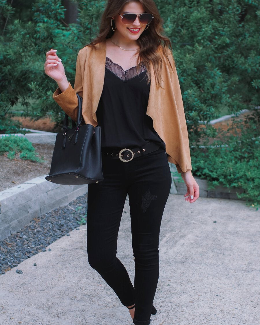 draped open-front silhouette jacket, crafted on a super soft faux suede material with long sleeves, an angled front cropped hem, and subtle seam details on the back in camel