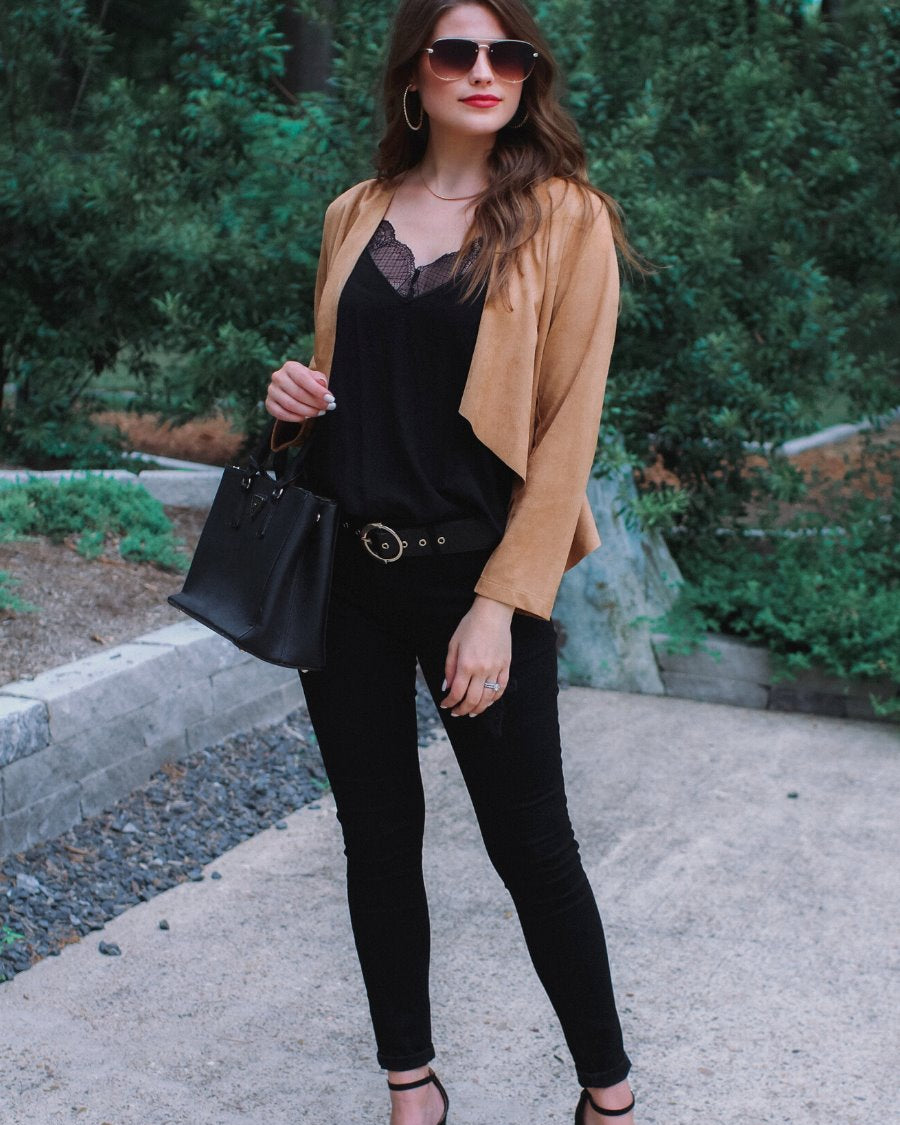 draped open-front silhouette jacket, crafted on a super soft faux suede material with long sleeves, an angled front cropped hem, and subtle seam details on the back in camel