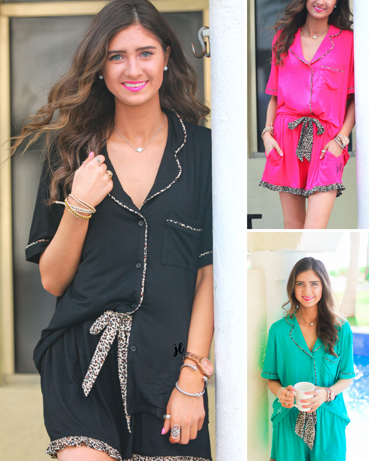 a short sleeve button-down style top with a folded collar and a chest pocket paired with leopard ruffle hem shorts, faux tie, an elastic waist, and side pockets all with a leopard trim on a soft lightweight stretchy fabric in black, hot pink, and teal