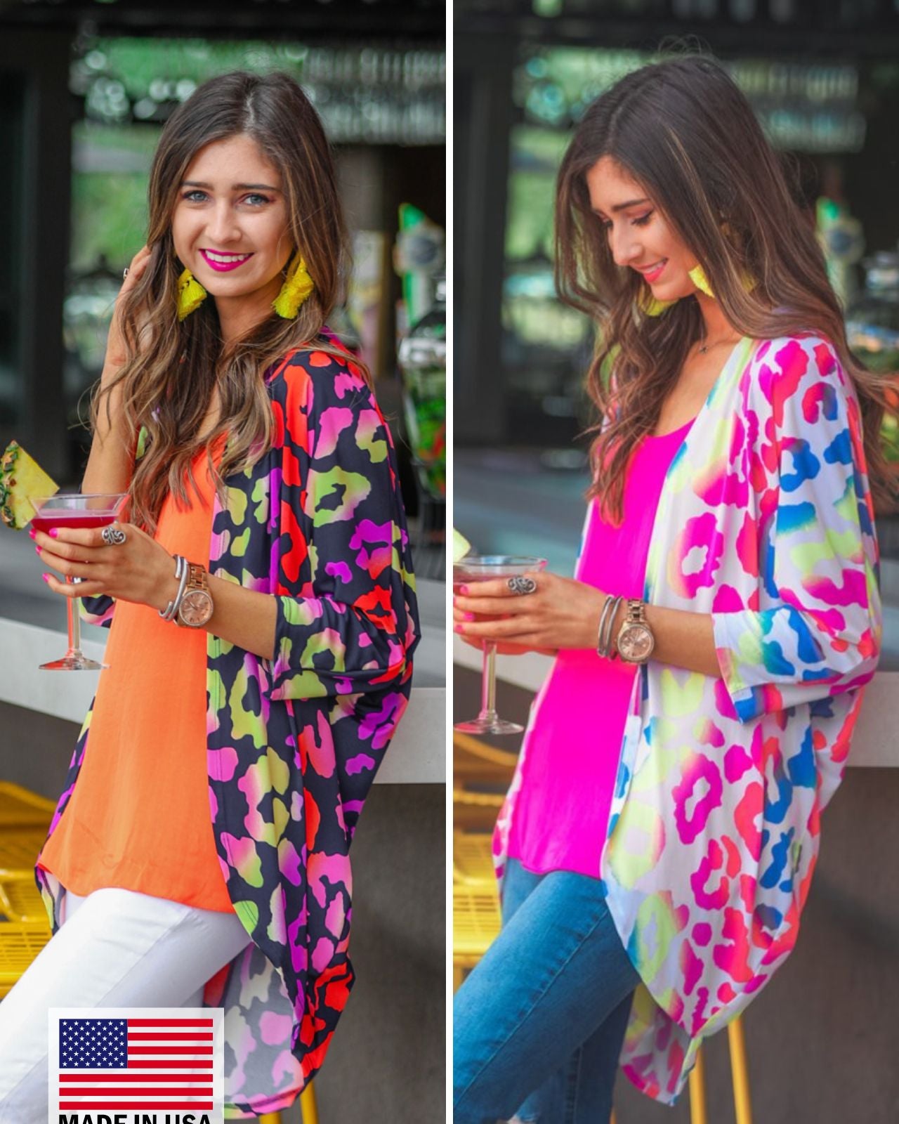 MADE IN USA three-quarter sleeve open front cardigan made of lightweight material that drapes into a cocoon shape on a vibrant leopard print pattern fabric in navy and white