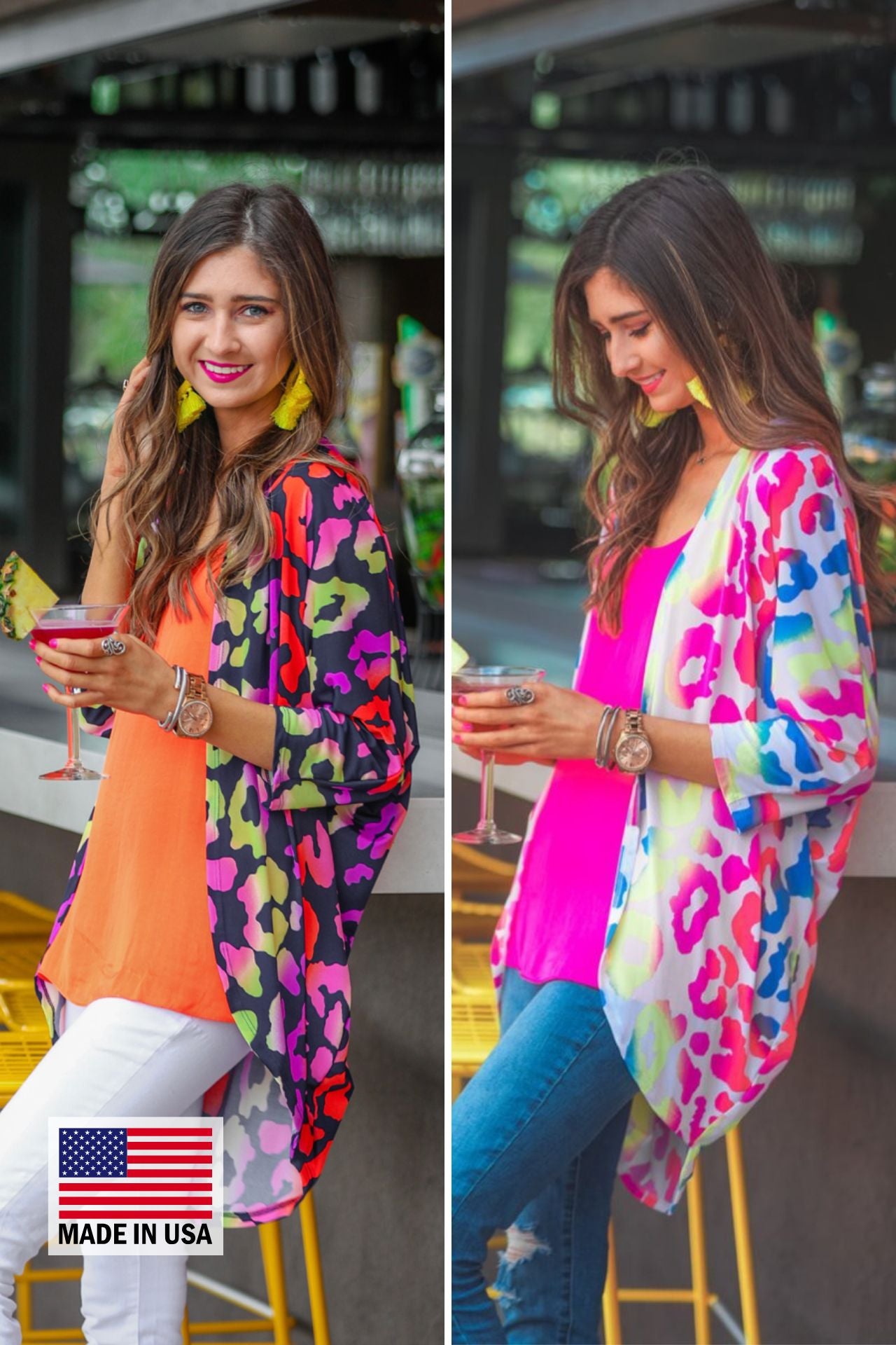 MADE IN USA three-quarter sleeve open front cardigan made of lightweight material that drapes into a cocoon shape on a vibrant leopard print pattern fabric in navy and white