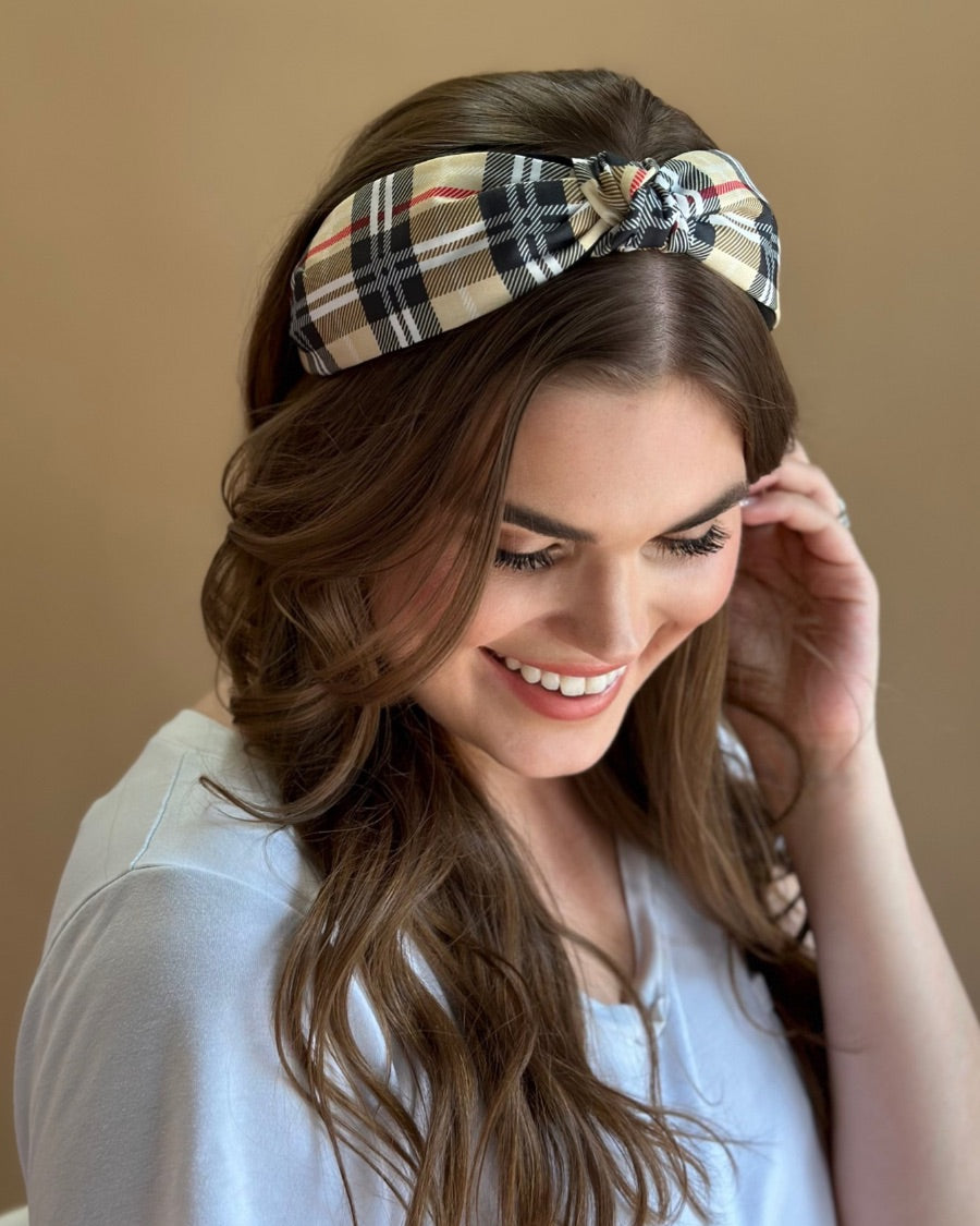 top knot headband crafted from soft, lightweight material with a classic autumn hue plaid on a tan base