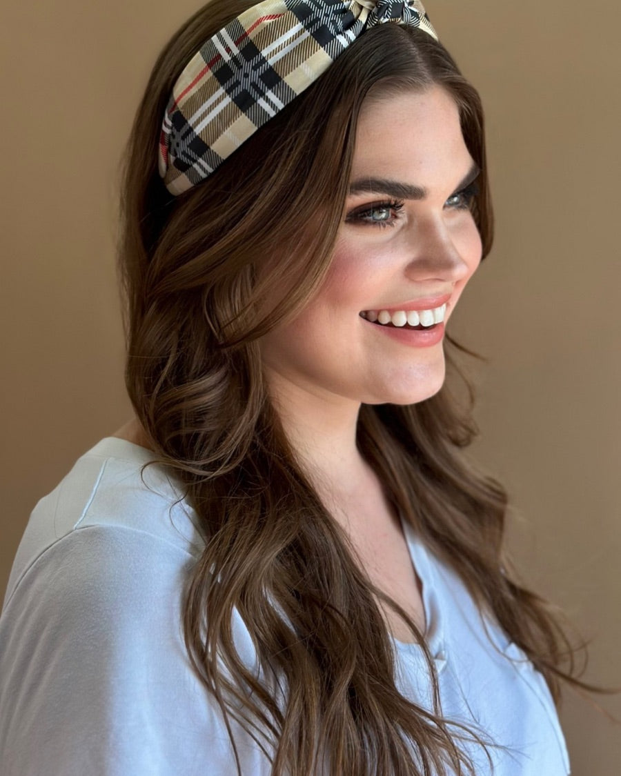 top knot headband crafted from soft, lightweight material with a classic autumn hue plaid on a tan base