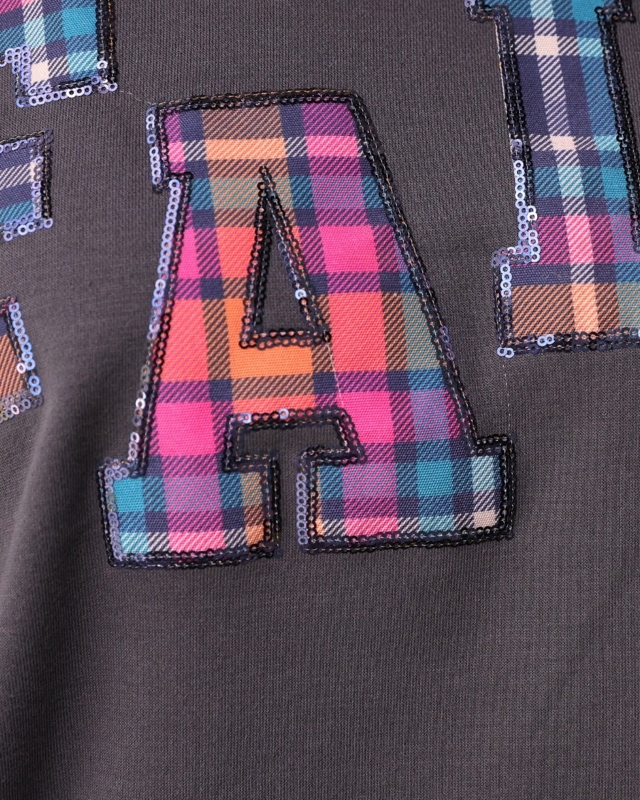 long-sleeve gray pullover with plaid 'FALL' letters in our exclusive Patterned In Plaid print, each outlined in sequins on a soft, cozy fabric