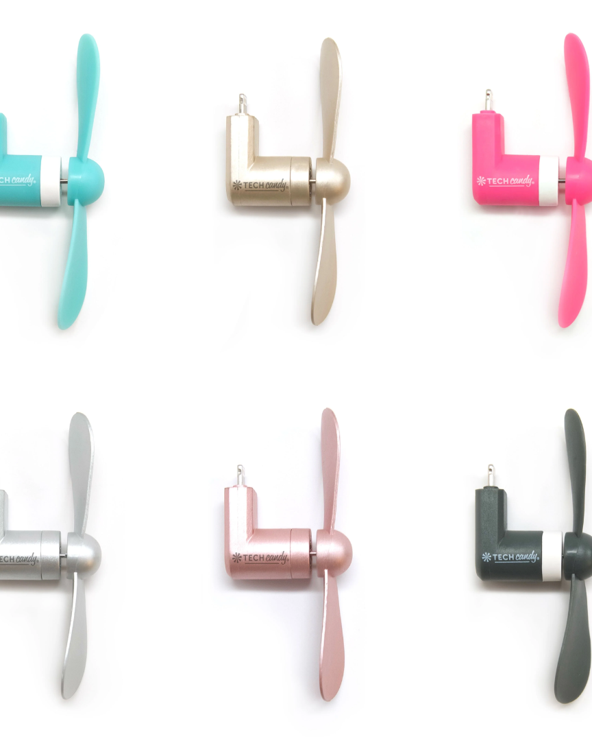 Six small L-shaped magnetic fan propellers arranged in a 2x3 grid on a white background, shown in aquamarine, gold, neon pink, platinum, rose gold, and slate. Each fan has a visible Tech Candy logo on the side.