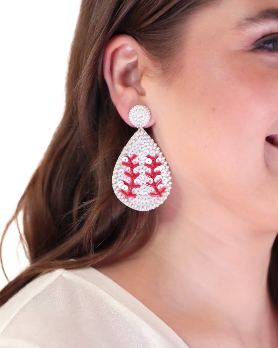 lightweight, sports-inspired beaded teardrop-shaped earrings with a felt backing, a comfort back, and a plastic disc stopper in gold that's nickel and lead compliant in baseball (white)
