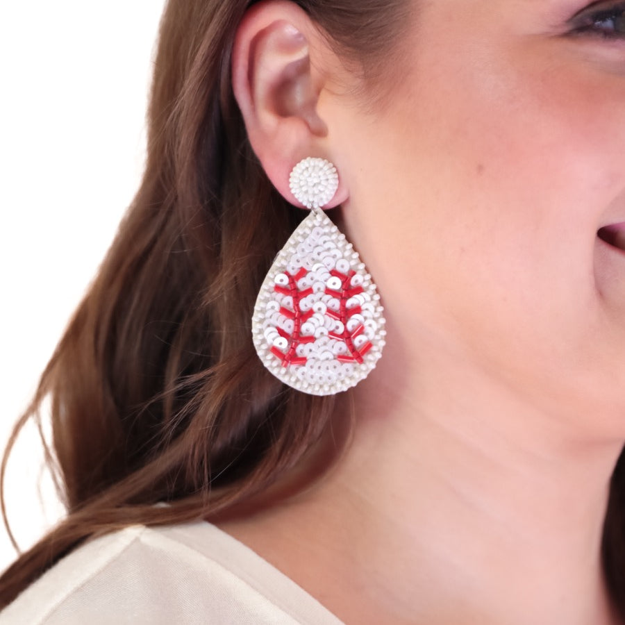 lightweight, sports-inspired beaded teardrop-shaped earrings with a felt backing, a comfort back, and a plastic disc stopper in gold that's nickel and lead compliant in baseball (white)
