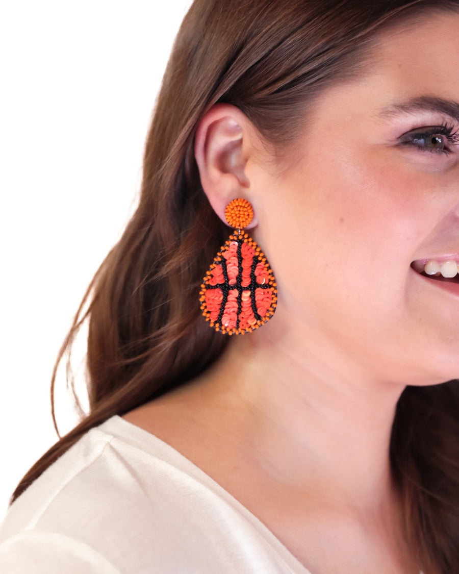 lightweight, sports-inspired beaded teardrop-shaped earrings with a felt backing, a comfort back, and a plastic disc stopper in gold that's nickel and lead compliant in basketball (orange)