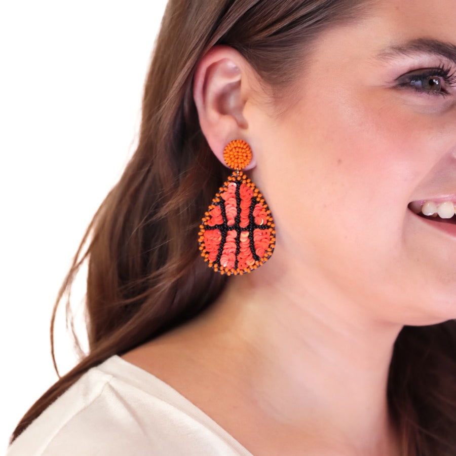 lightweight, sports-inspired beaded teardrop-shaped earrings with a felt backing, a comfort back, and a plastic disc stopper in gold that's nickel and lead compliant in basketball (orange)