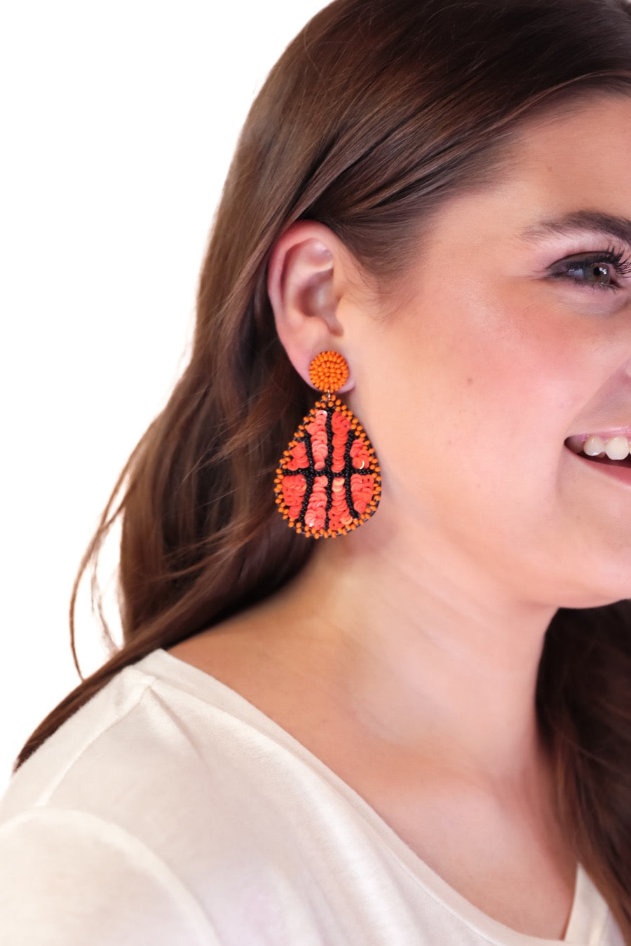 lightweight, sports-inspired beaded teardrop-shaped earrings with a felt backing, a comfort back, and a plastic disc stopper in gold that's nickel and lead compliant in basketball (orange)