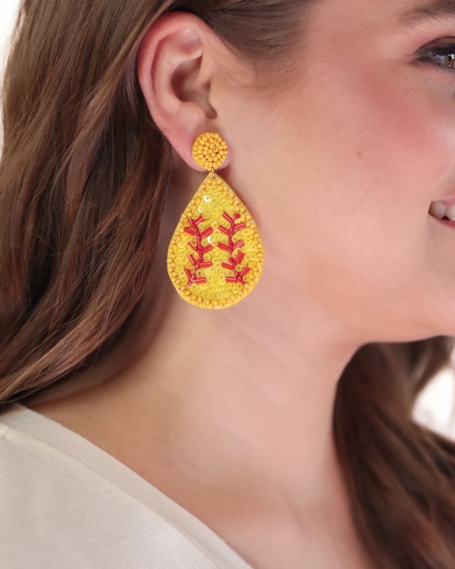 lightweight, sports-inspired beaded teardrop-shaped earrings with a felt backing, a comfort back, and a plastic disc stopper in gold that's nickel and lead compliant in softball (yellow)