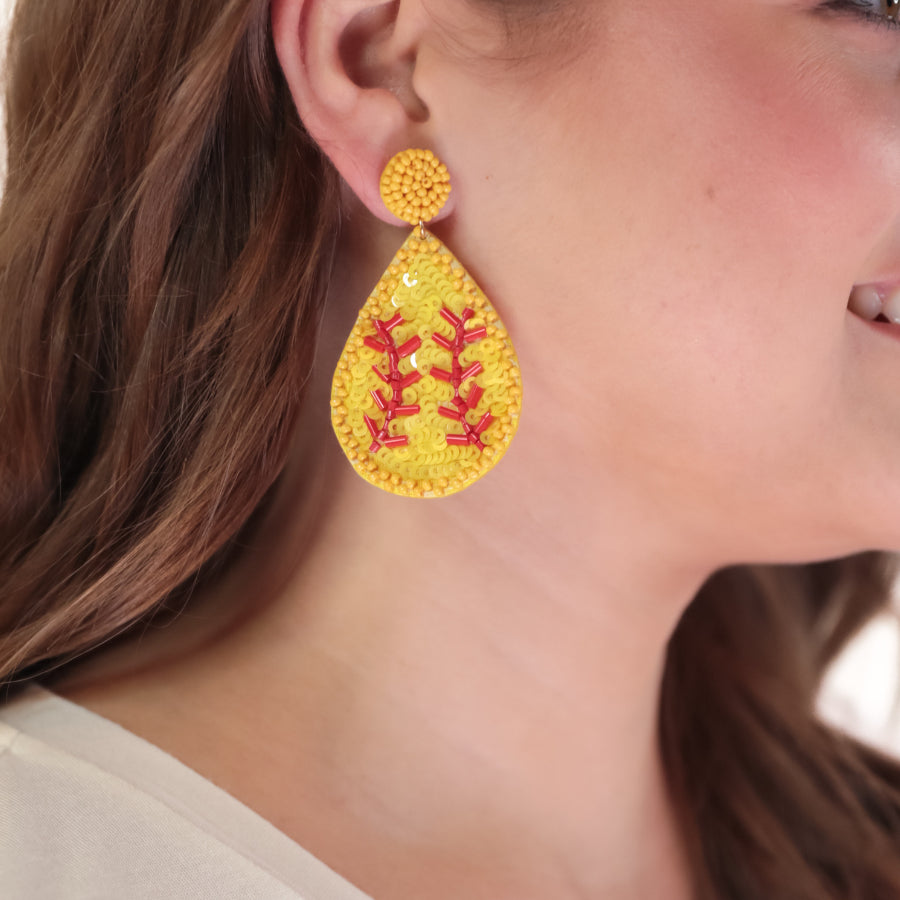 lightweight, sports-inspired beaded teardrop-shaped earrings with a felt backing, a comfort back, and a plastic disc stopper in gold that's nickel and lead compliant in softball (yellow)