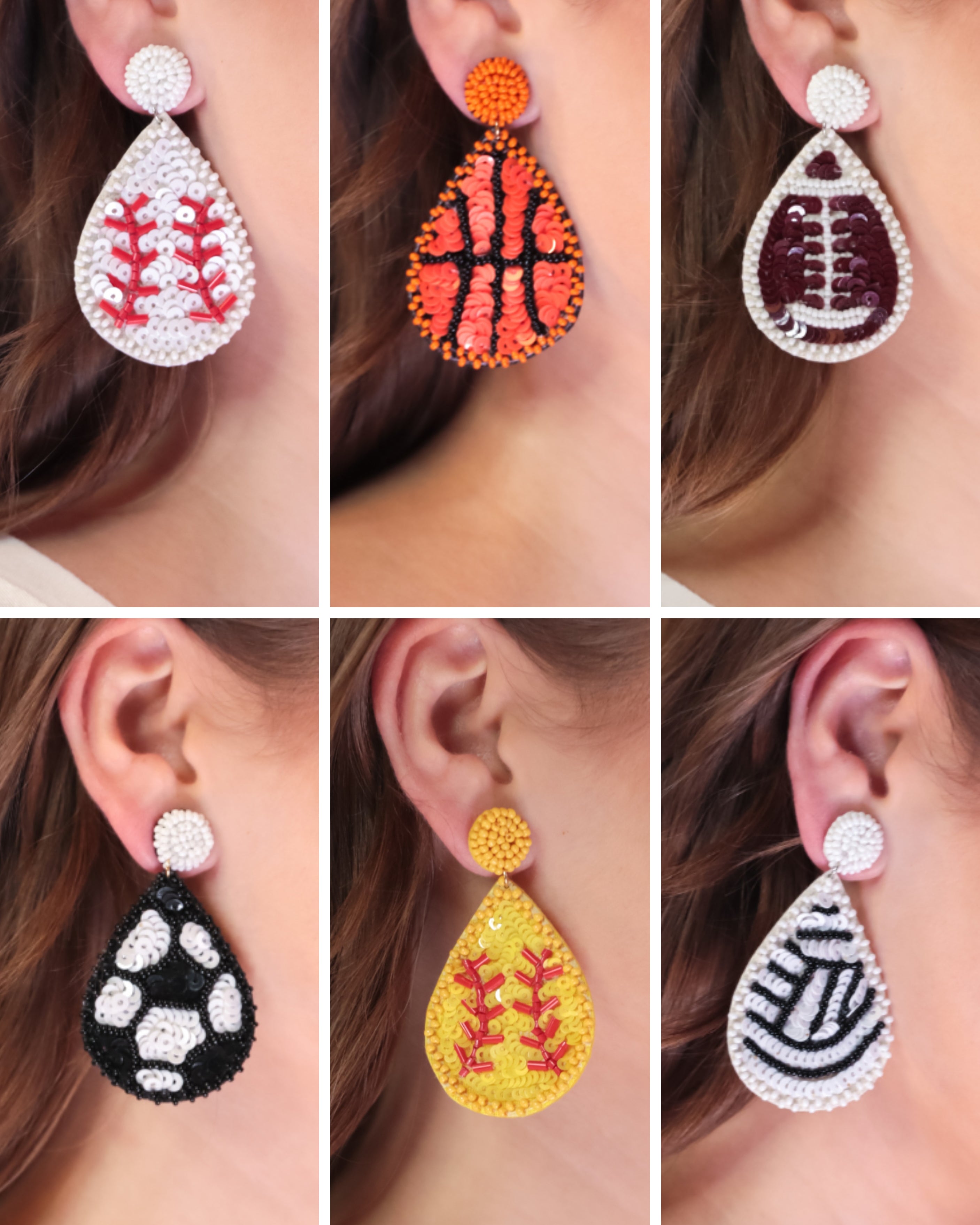 lightweight, sports-inspired beaded teardrop-shaped earrings with a felt backing, a comfort back, and a plastic disc stopper in gold that's nickel and lead compliant in baseball (white), basketball (orange), football (brown), soccer (black), softball (yellow), and volleyball (white)