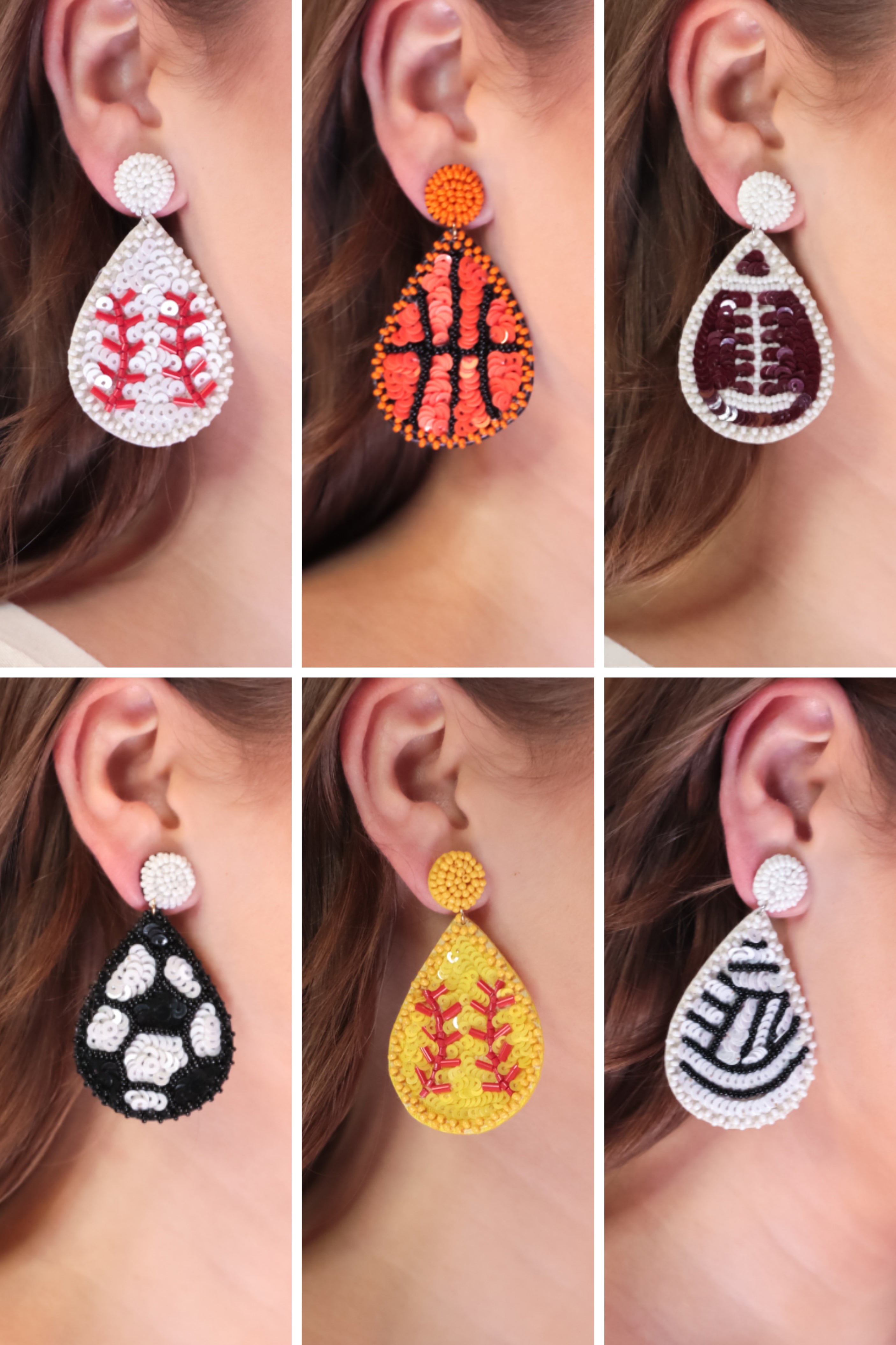 lightweight, sports-inspired beaded teardrop-shaped earrings with a felt backing, a comfort back, and a plastic disc stopper in gold that's nickel and lead compliant in baseball (white), basketball (orange), football (brown), soccer (black), softball (yellow), and volleyball (white)