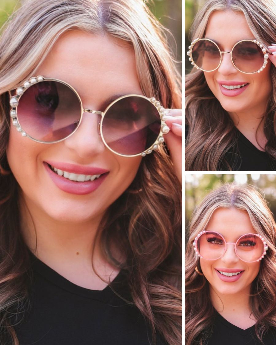 gold/black, gold/brown, and pink round sunglasses with scalloped edges and mixed-sized pearl trim around the frames, UV protection, and brand name detail (on both the temple and the complimentary black pouch)