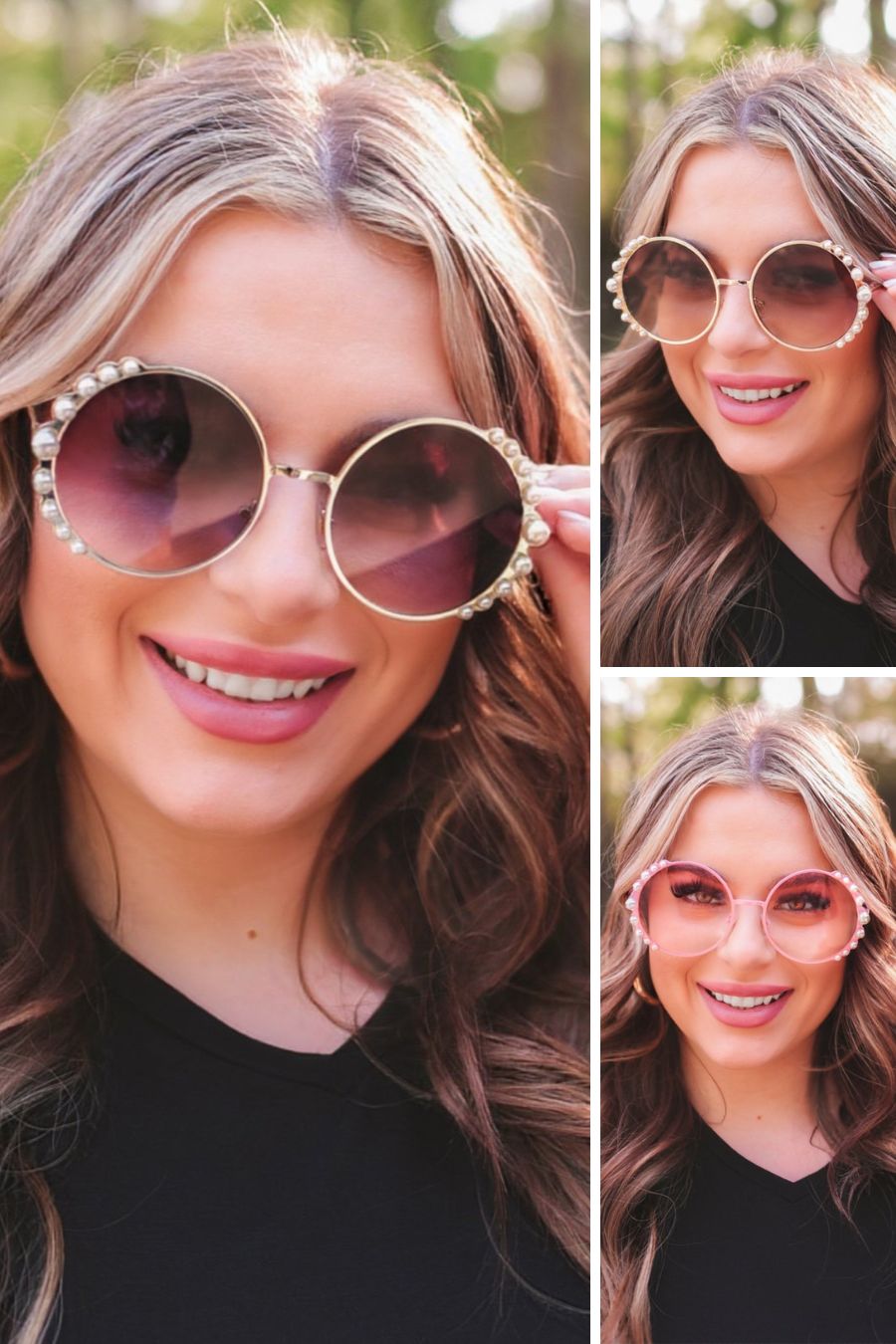gold/black, gold/brown, and pink round sunglasses with scalloped edges and mixed-sized pearl trim around the frames, UV protection, and brand name detail (on both the temple and the complimentary black pouch)