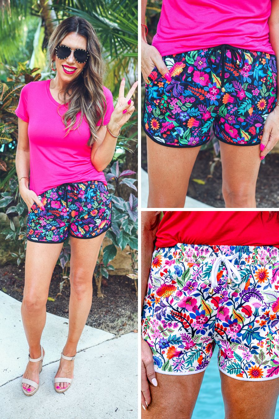 mid-rise relaxed fit activewear shorts with side pockets and a tie waist drawstring with gold bead accents, designed on a vibrant floral pattern print fabric, matching base, and matching trim