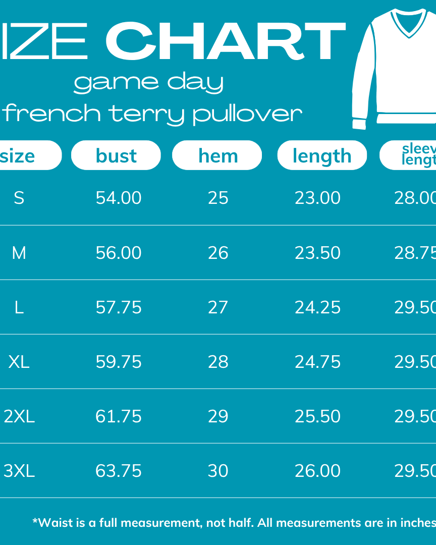 A size chart graphic for a French Terry pullover sweater, showing measurements for sizes S through 3XL including bust, hem, length, and sleeve length in inches on a teal background.