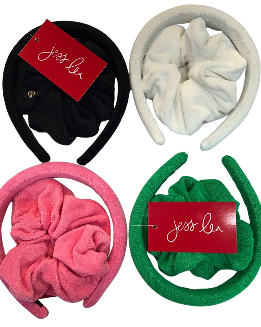 soft, absorbent matching terry cloth headband and scrunchie set in black, green, pink, and white