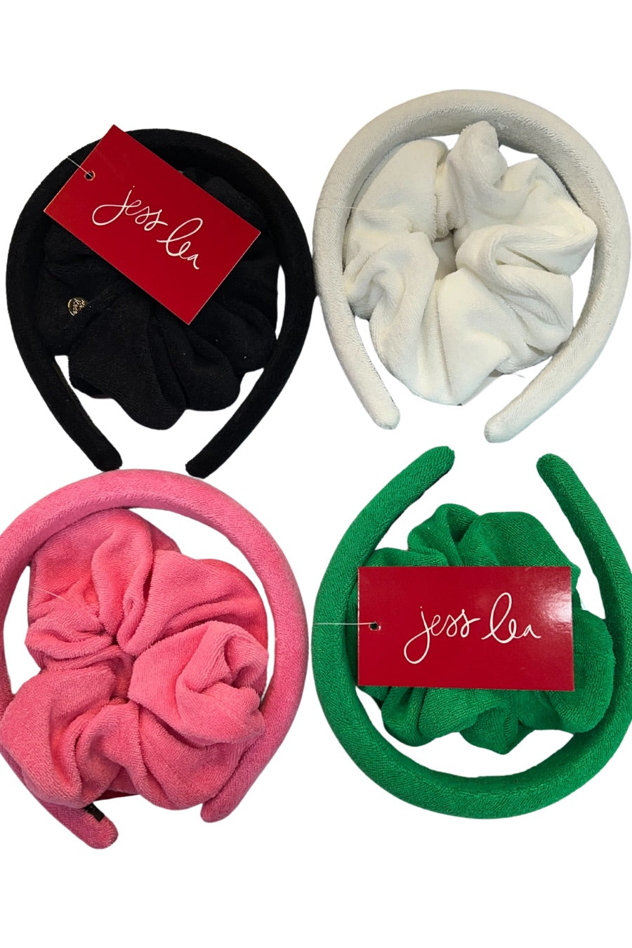 soft, absorbent matching terry cloth headband and scrunchie set in black, green, pink, and white