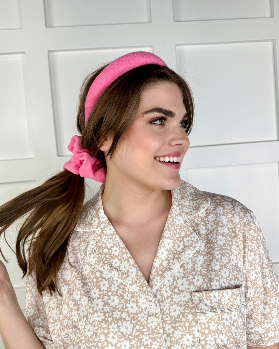 soft, absorbent matching terry cloth headband and scrunchie set in pink