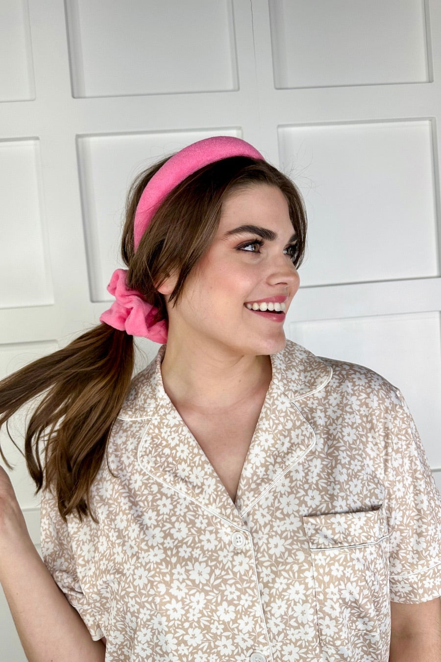 soft, absorbent matching terry cloth headband and scrunchie set in pink