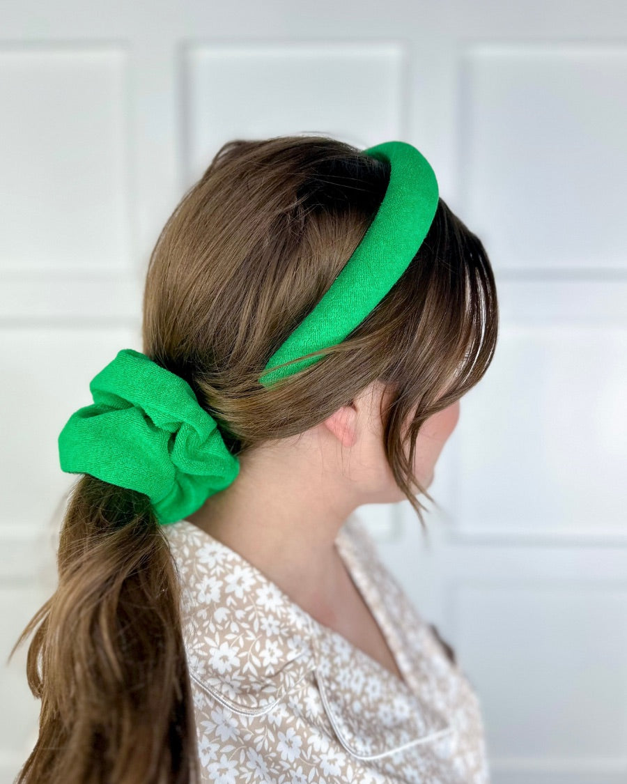 soft, absorbent matching terry cloth headband and scrunchie set in green