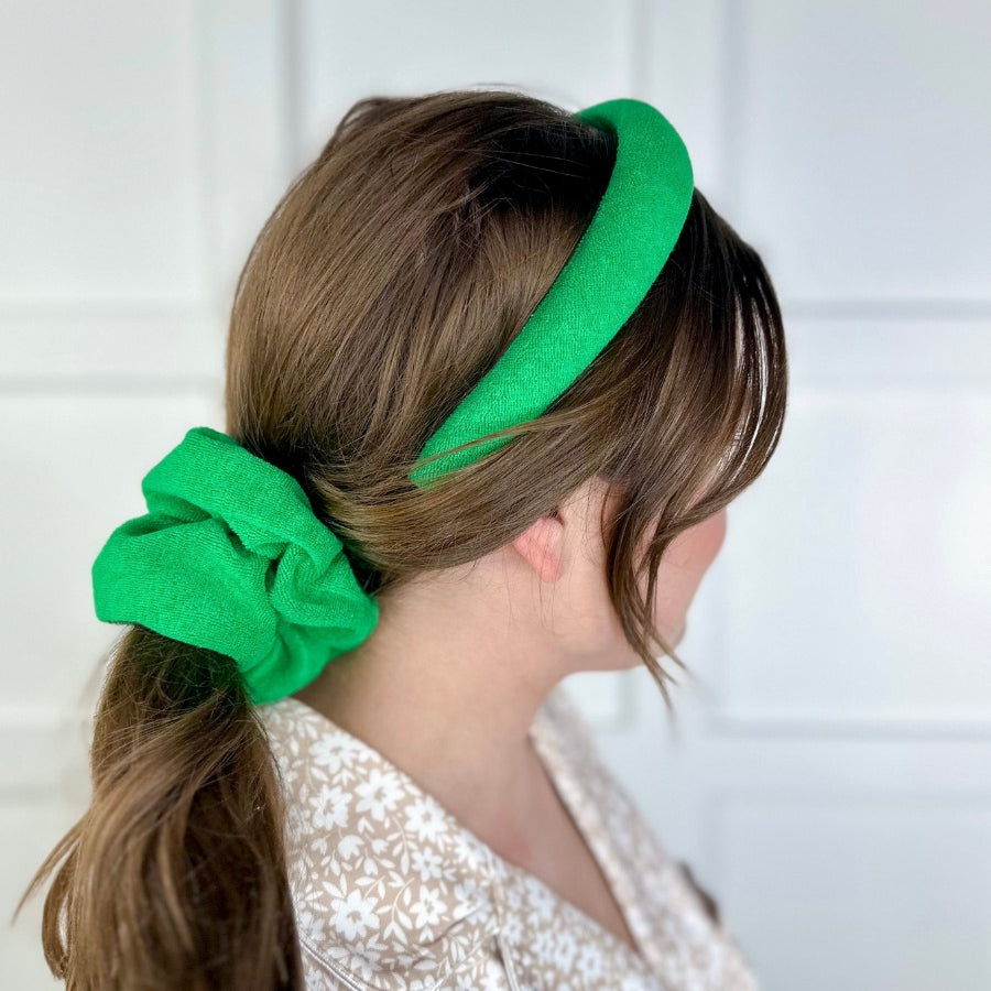 soft, absorbent matching terry cloth headband and scrunchie set in green