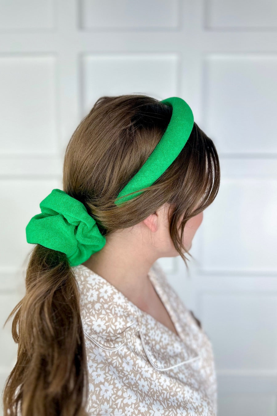soft, absorbent matching terry cloth headband and scrunchie set in green