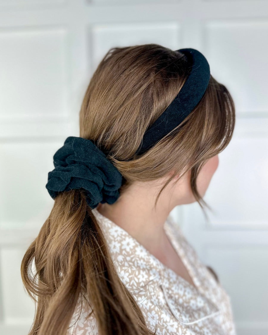 soft, absorbent matching terry cloth headband and scrunchie set in black