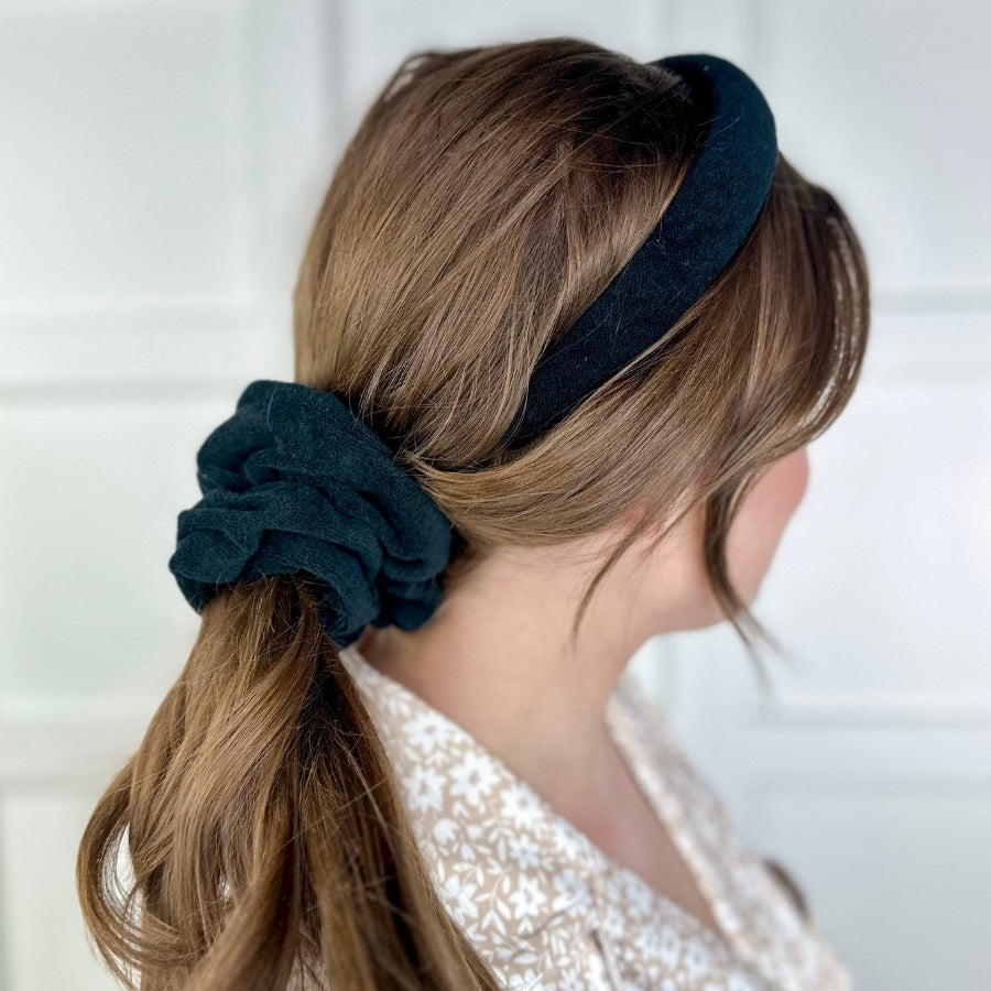 soft, absorbent matching terry cloth headband and scrunchie set in black