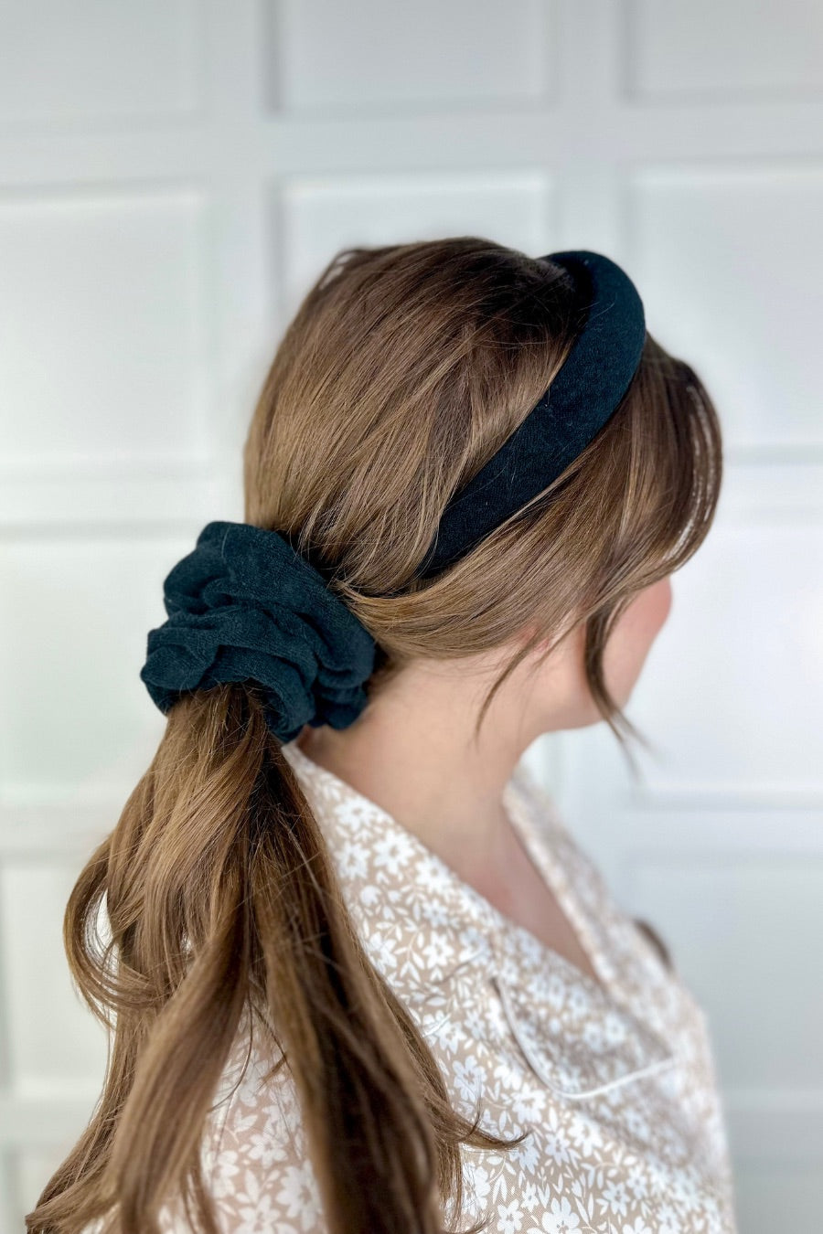 soft, absorbent matching terry cloth headband and scrunchie set in black