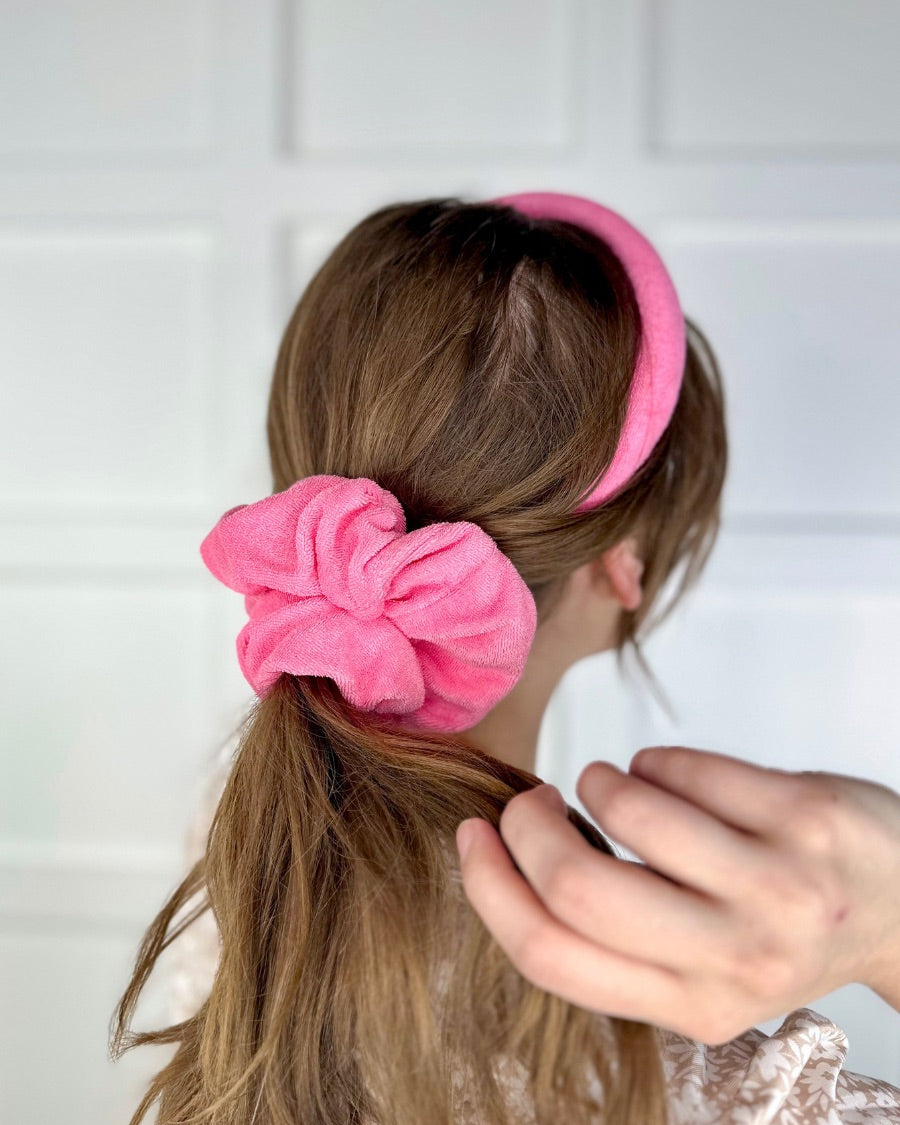 soft, absorbent matching terry cloth headband and scrunchie set in pink
