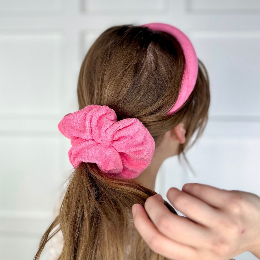 soft, absorbent matching terry cloth headband and scrunchie set in pink