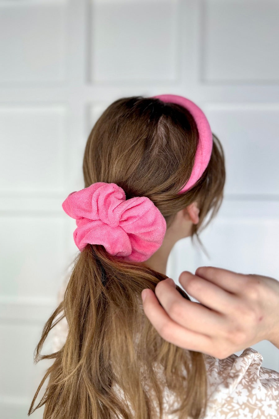 soft, absorbent matching terry cloth headband and scrunchie set in pink
