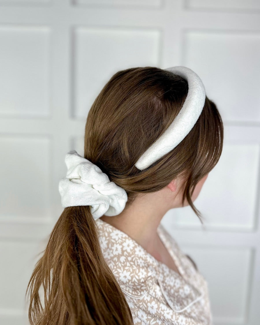 soft, absorbent matching terry cloth headband and scrunchie set in white