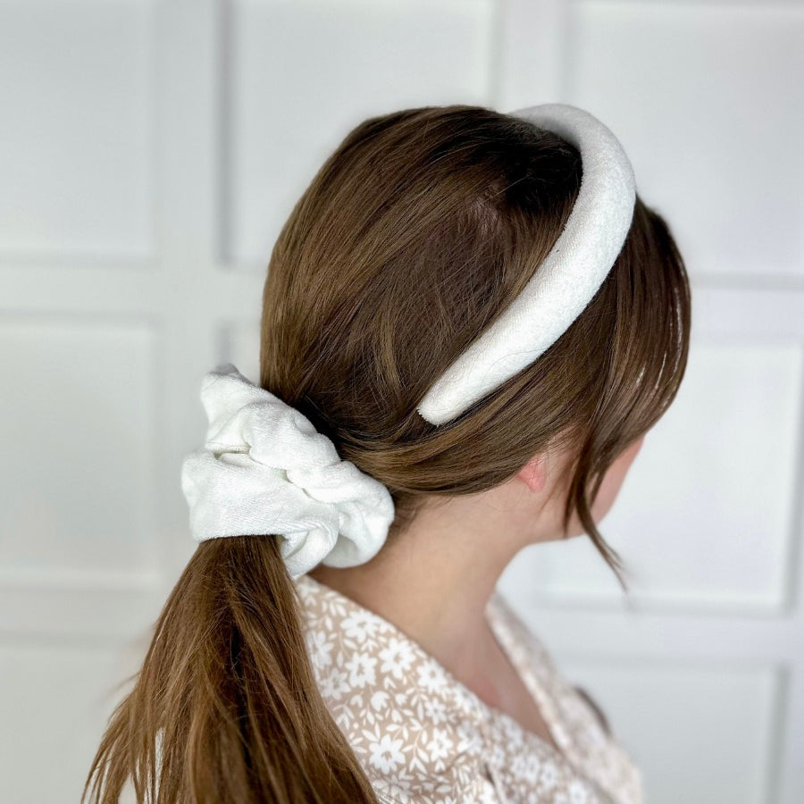 soft, absorbent matching terry cloth headband and scrunchie set in white