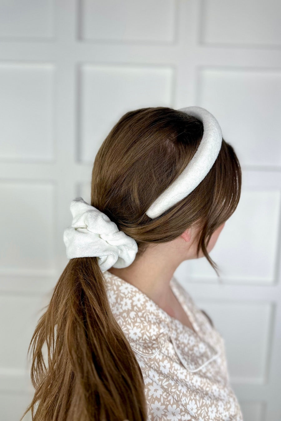 soft, absorbent matching terry cloth headband and scrunchie set in white