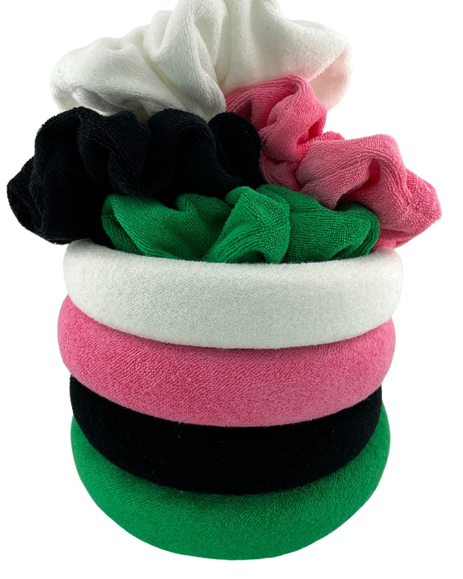 soft, absorbent matching terry cloth headband and scrunchie set in black, green, pink, and white