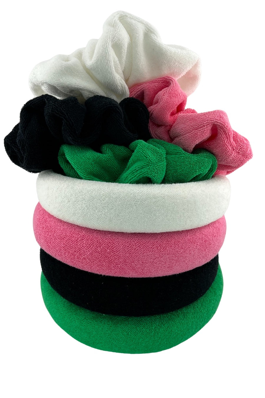 soft, absorbent matching terry cloth headband and scrunchie set in black, green, pink, and white