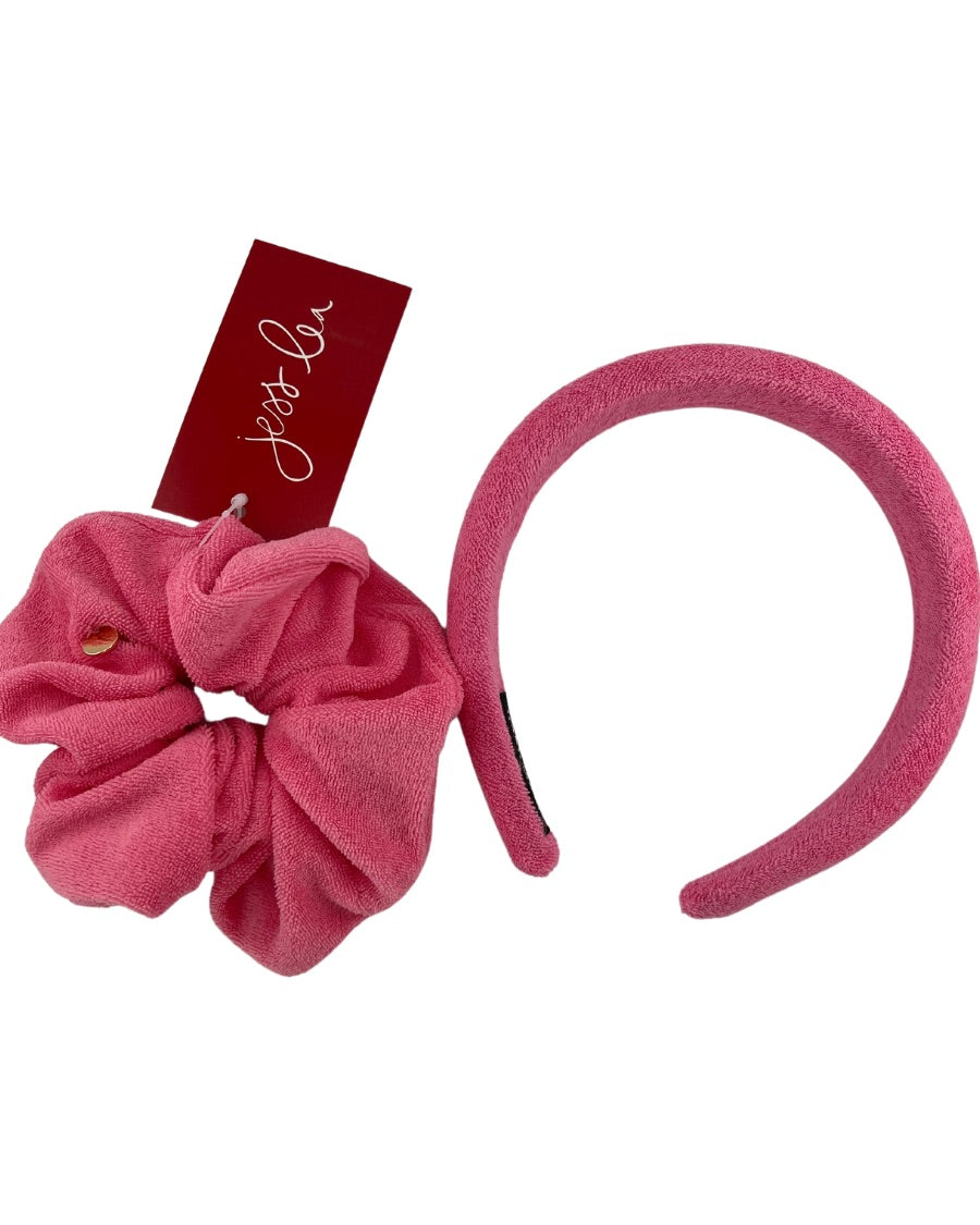 soft, absorbent matching terry cloth headband and scrunchie set in pink