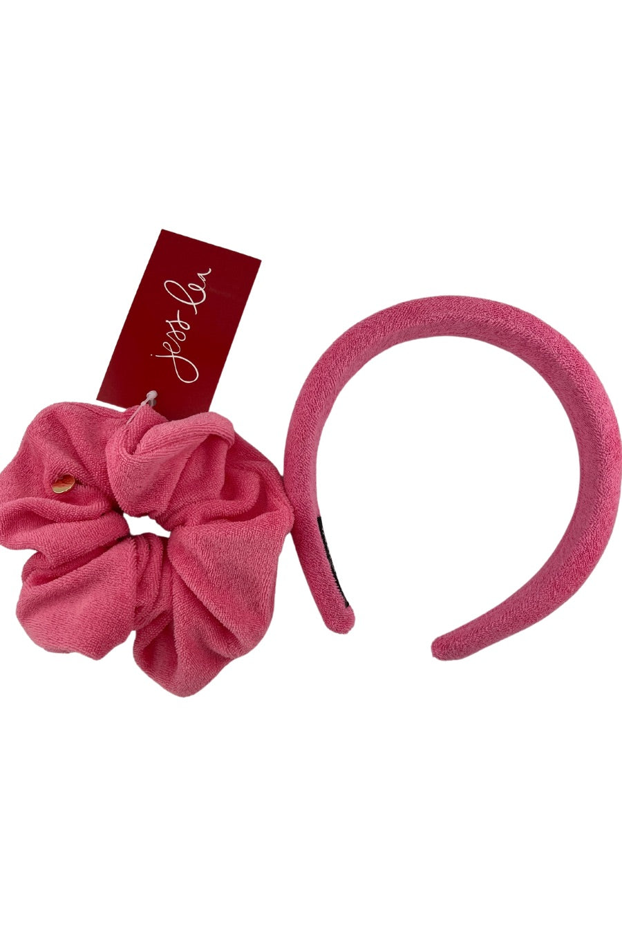 soft, absorbent matching terry cloth headband and scrunchie set in pink