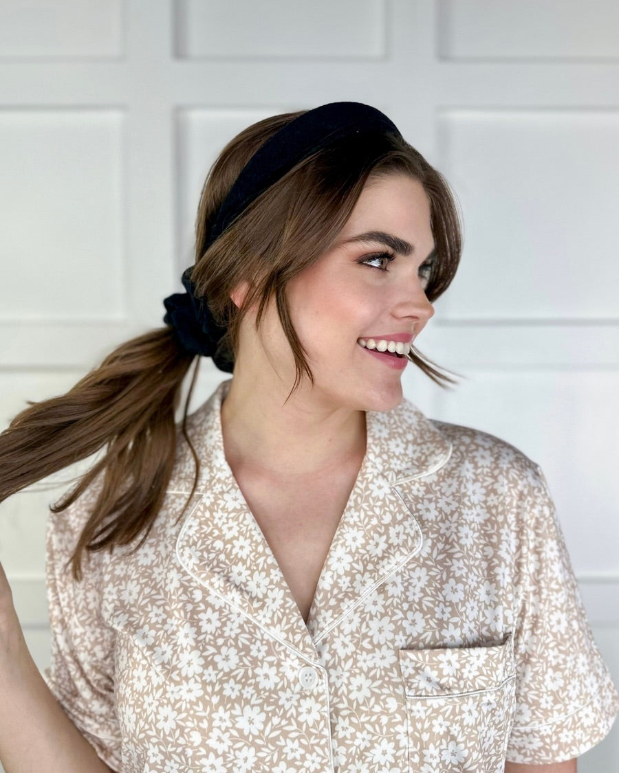 soft, absorbent matching terry cloth headband and scrunchie set in black