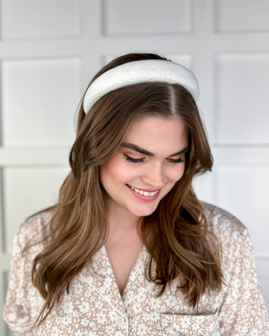 soft, absorbent matching terry cloth headband and scrunchie set in white